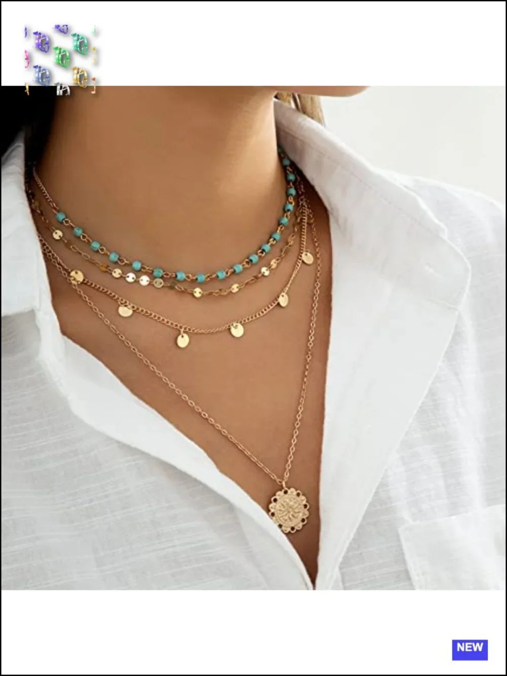 Boho Turquoise Coin Pendant Necklace Set Gold Plated Alloy 4pc Layered